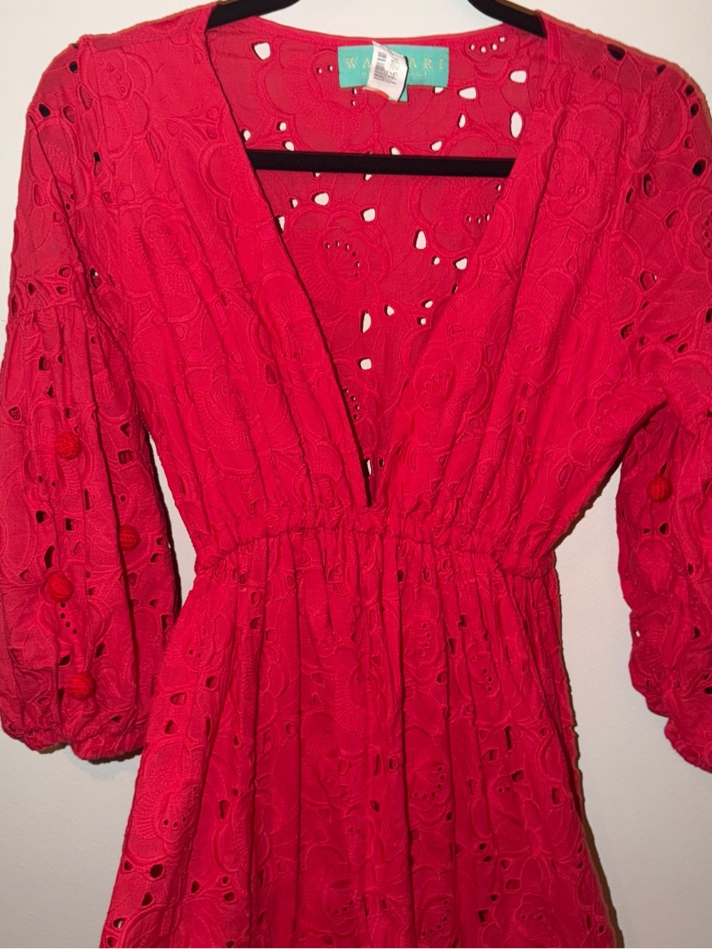 WAIMARI Red Eyelet V-Neck Dress
